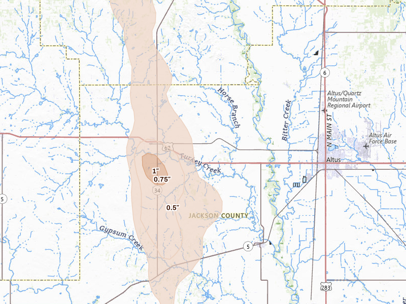 Radar-estimated hail-size map of the storm over Olustee, OK on Jun 22, 2026