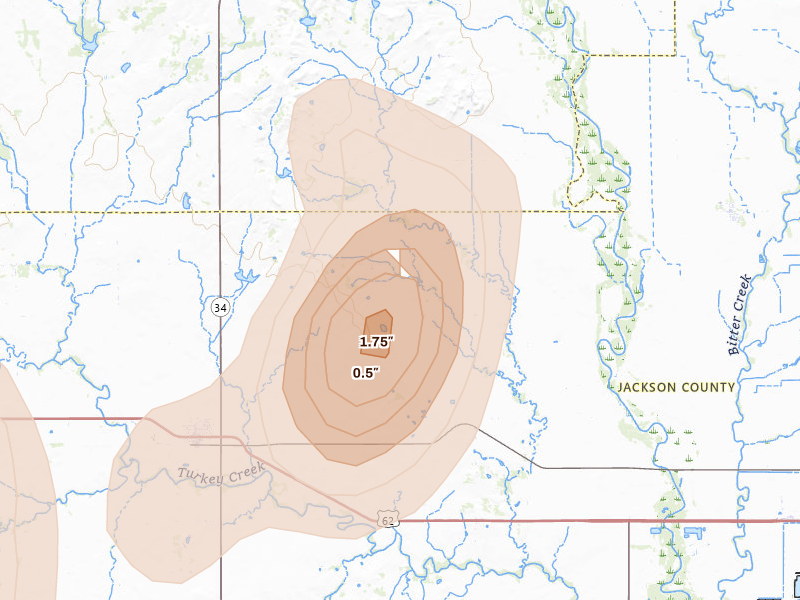 Radar-estimated hail-size map of the storm over Olustee, OK on Jul 31, 2026