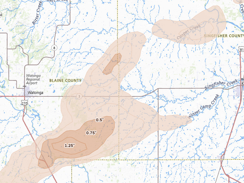 Radar-estimated hail-size map of the storm over Omega, OK on Apr 3, 2026