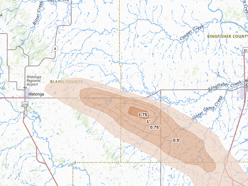 Radar-estimated hail-size map of the storm over Omega, OK on May 8, 2026