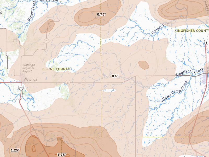 Radar-estimated hail-size map of the storm over Omega, OK on Jun 26, 2026