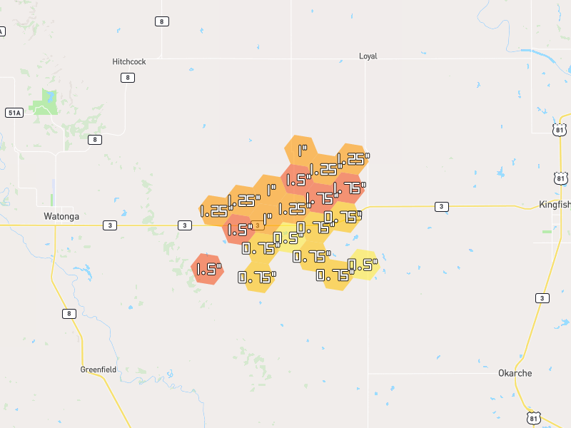 Hail map of Omega, OK on Jun 27, 2026, hail up to 1.75"