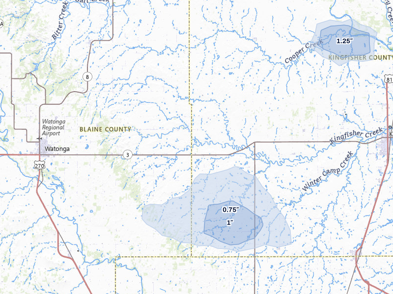 NEXRAD radar-signature map of the hail storm over Omega, OK on Jul 11, 2026