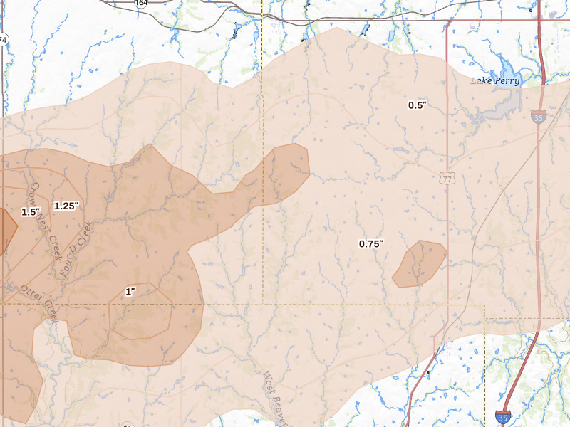 Radar-estimated hail-size map of the storm over Orlando, OK on Apr 17, 2026