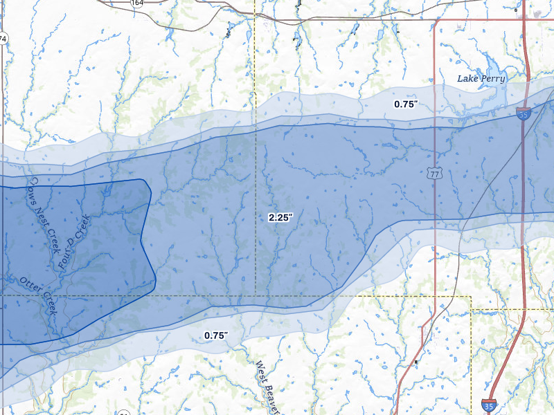 NEXRAD radar-signature map of the hail over Orlando, OK