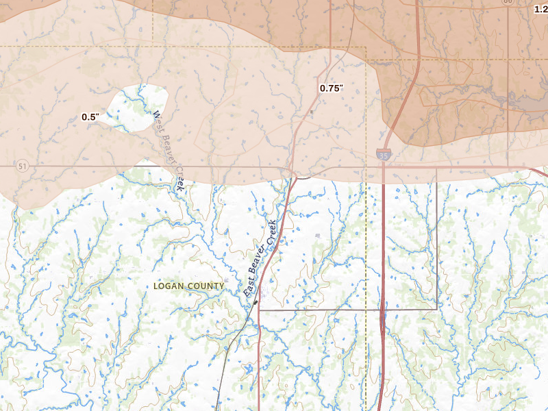 Radar-estimated hail-size map of the storm over Orlando, OK on Apr 23, 2026