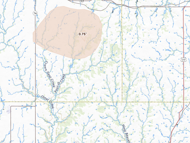 Radar-estimated hail-size map of the storm over Orlando, OK on Jun 12, 2026