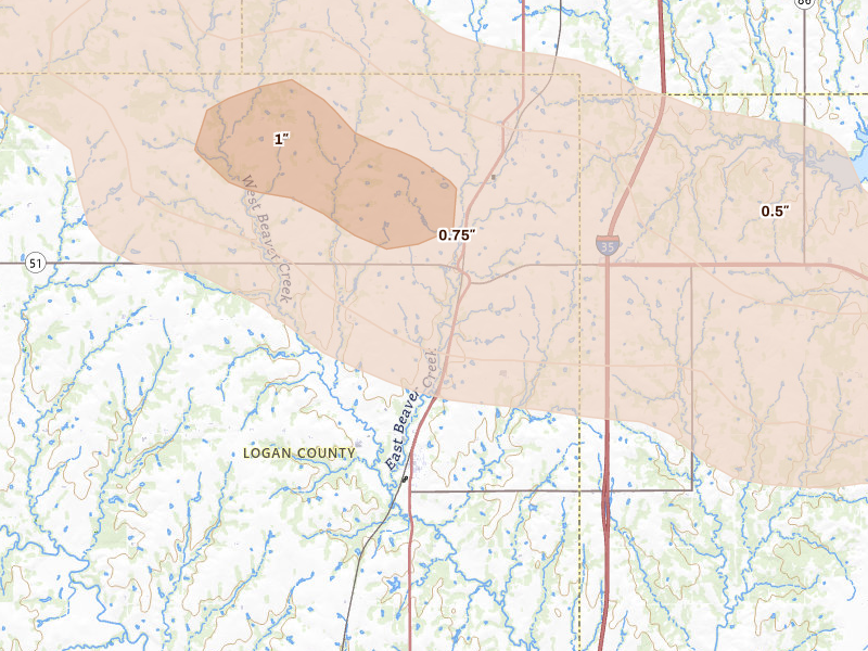 Radar-estimated hail-size map of the storm over Orlando, OK on Jun 26, 2026