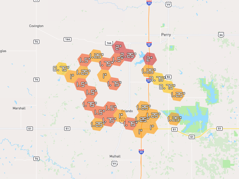Hail map of Orlando, OK on Jun 27, 2026, hail up to 2.25"