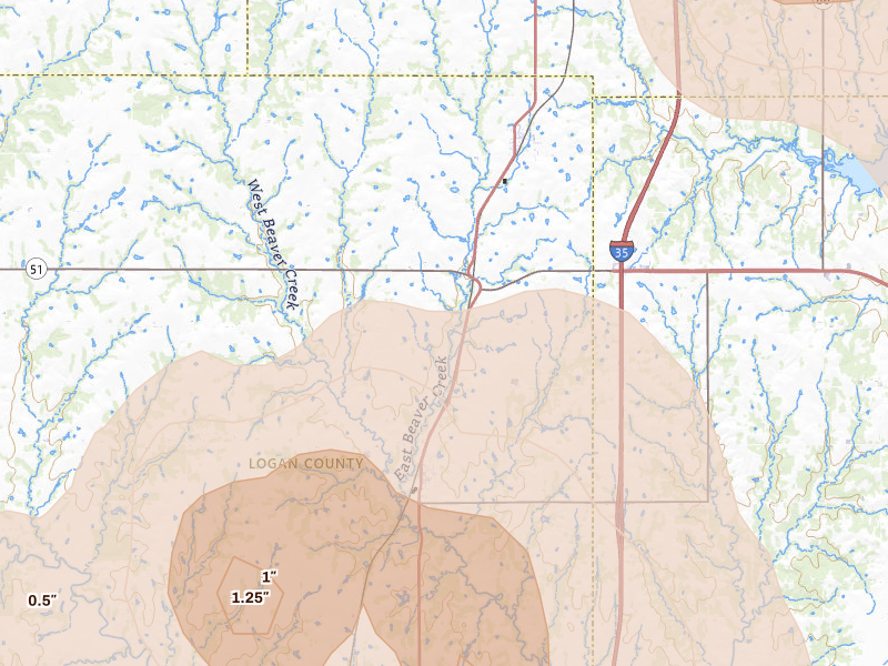 Radar-estimated hail-size map of the storm over Orlando, OK on Jul 4, 2026