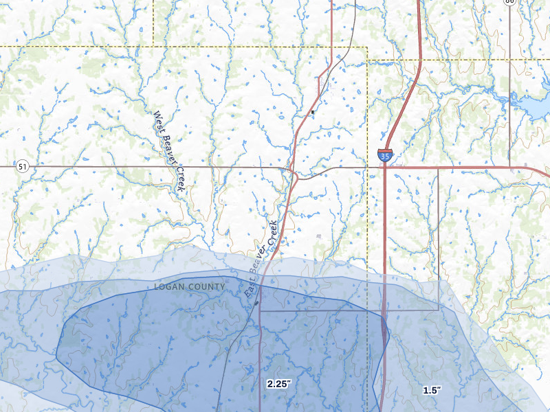NEXRAD radar-signature map of the hail over Orlando, OK