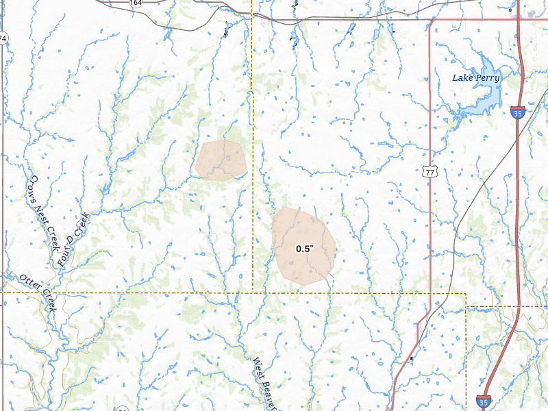 Radar-estimated hail-size map of the storm over Orlando, OK on Aug 7, 2026
