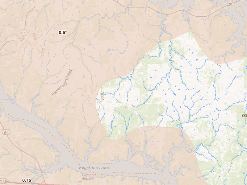 Radar-estimated hail-size map of the storm over Osage, OK on Apr 23, 2026
