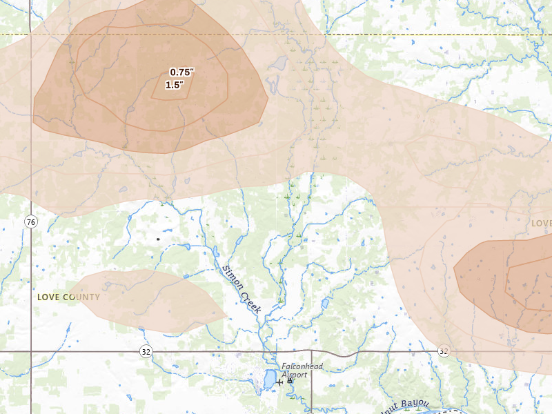 Radar-estimated hail-size map of the storm over Overbrook, OK on Apr 25, 2026