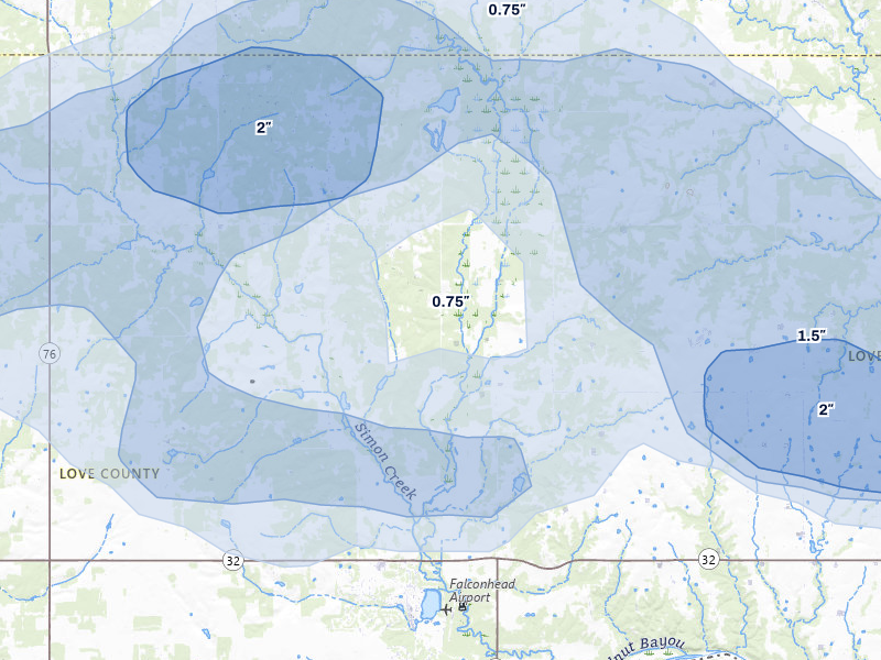 NEXRAD radar-signature map of the hail storm over Overbrook, OK on Apr 25, 2026