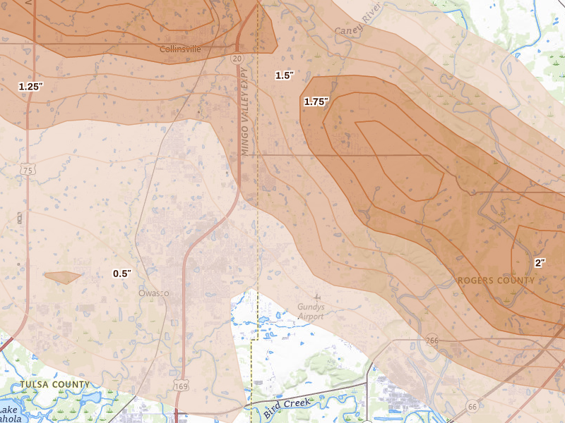 Radar-estimated hail-size map of the storm over Owasso, OK on May 8, 2026