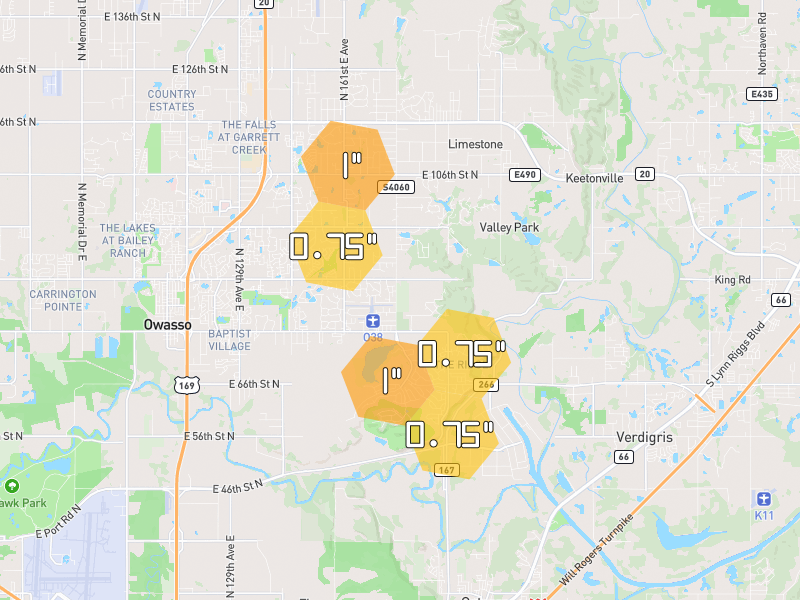 Hail map of Owasso, OK on Jul 5, 2026, hail up to 1"