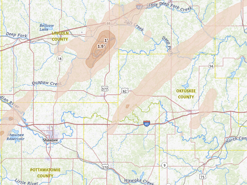 Radar-estimated hail-size map of the storm over Paden, OK on Mar 6, 2026