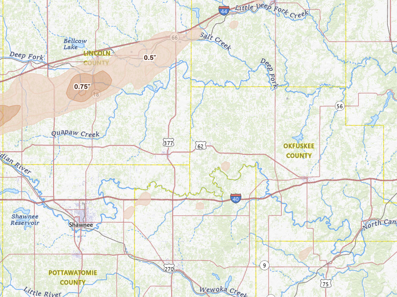 Radar-estimated hail-size map of the storm over Paden, OK on Mar 10, 2026