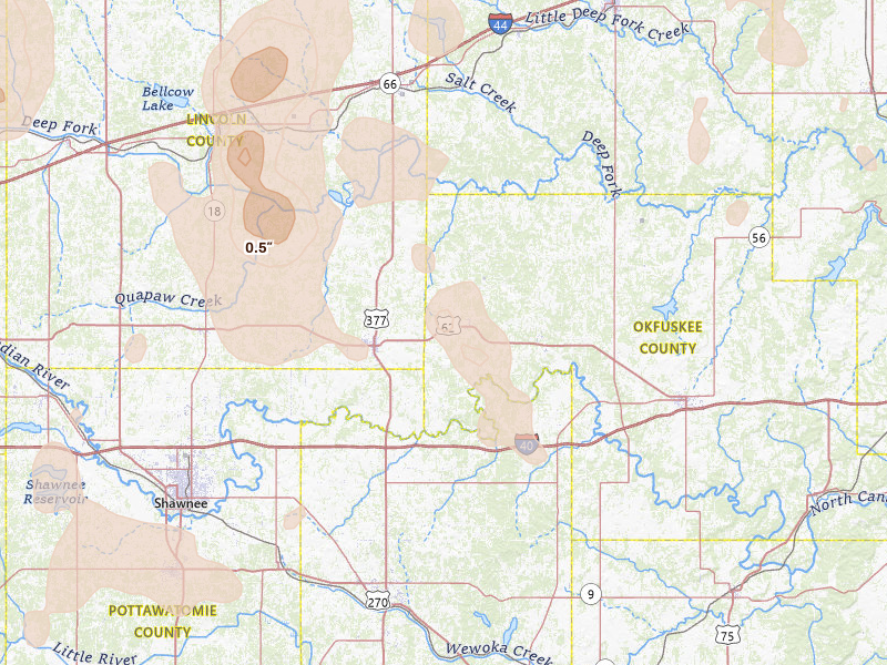 Radar-estimated hail-size map of the storm over Paden, OK on Jul 4, 2026