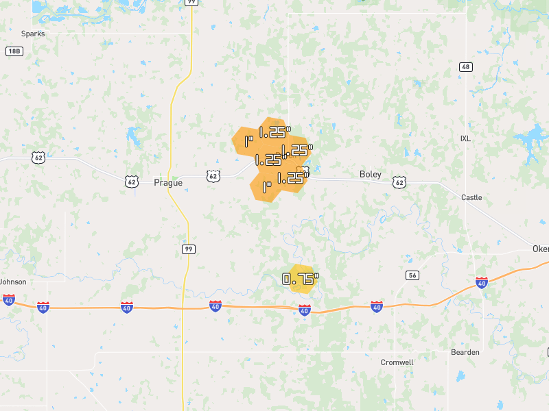 Hail map of Paden, OK on Jul 5, 2026, hail up to 1.25"
