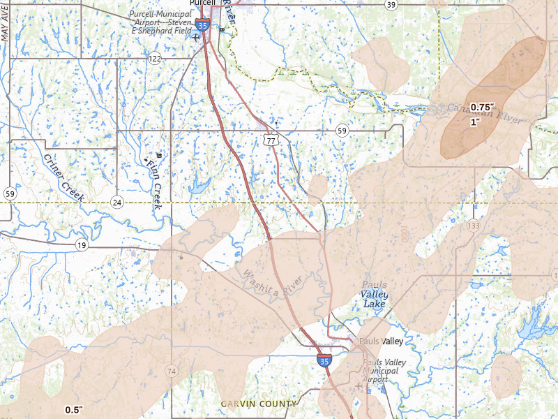 Radar-estimated hail-size map of the storm over Paoli, OK on Mar 6, 2026