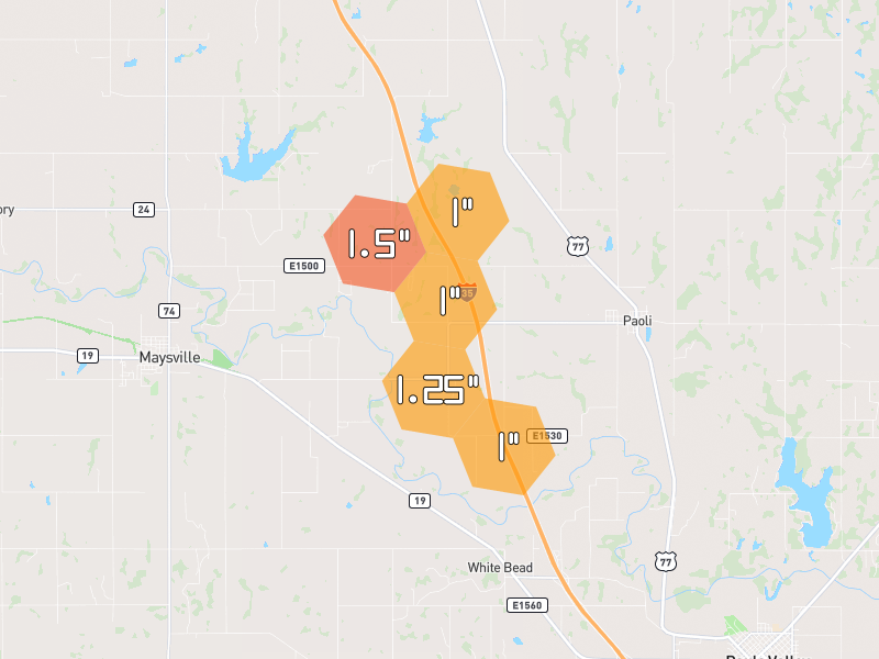 Hail map of Paoli, OK on Jul 5, 2026, hail up to 1.5"