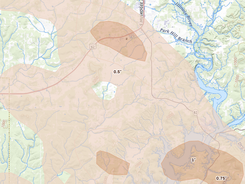 Radar-estimated hail-size map of the storm over Park Hill, OK on May 8, 2026