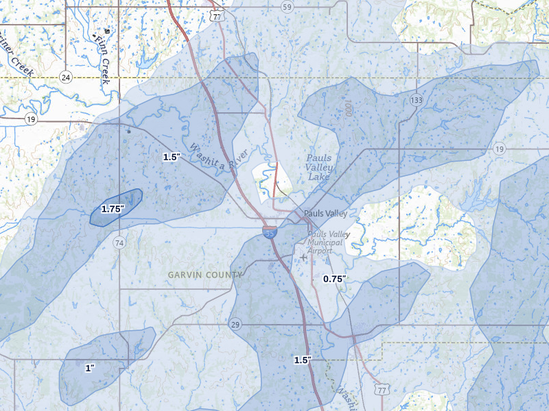 NEXRAD radar-signature map of the hail storm over Pauls Valley, OK on Mar 6, 2026