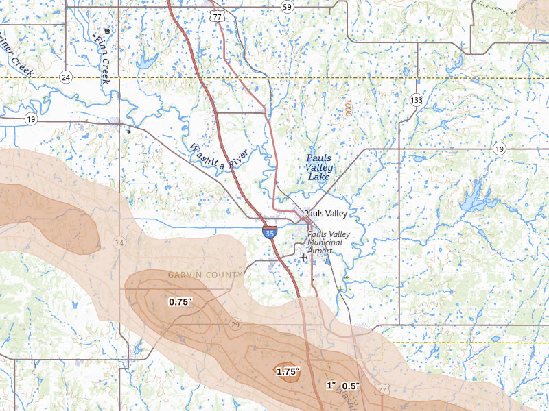 Radar-estimated hail-size map of the storm over Pauls Valley, OK on Apr 24, 2026