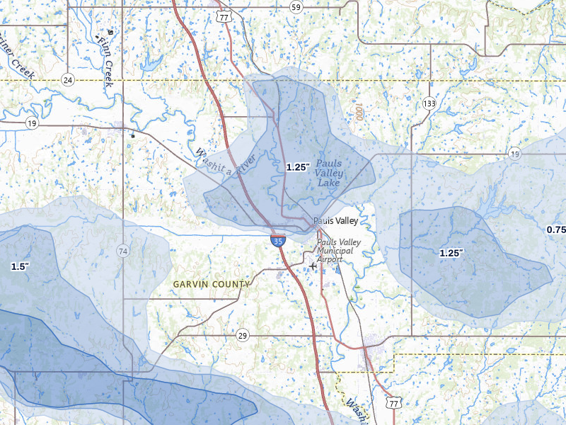 NEXRAD radar-signature map of the hail over Pauls Valley, OK