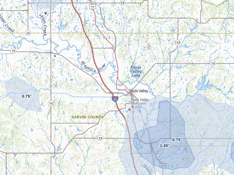 NEXRAD radar-signature map of the hail storm over Pauls Valley, OK on May 10, 2026