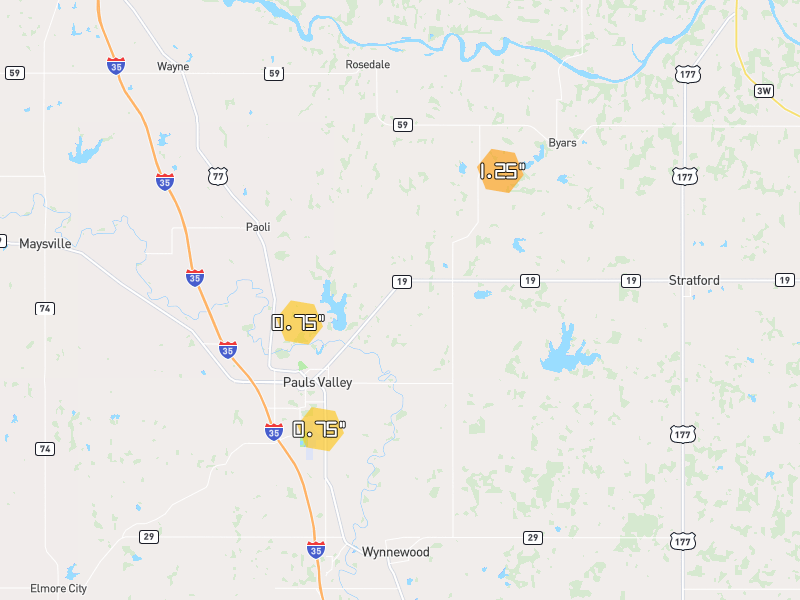 Hail map of Pauls Valley, OK on Jul 5, 2026, hail up to 1.25"