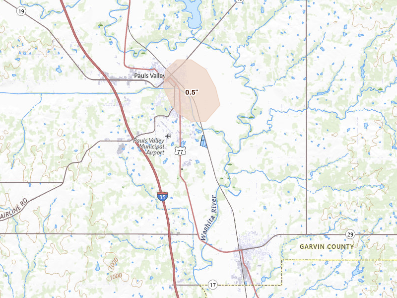 Radar-estimated hail-size map of the storm over Pauls Valley, OK on Aug 7, 2026