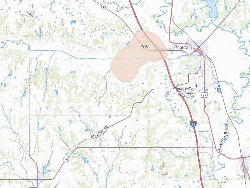 Radar-estimated hail-size map of the storm over Pauls Valley, OK on Aug 22, 2026