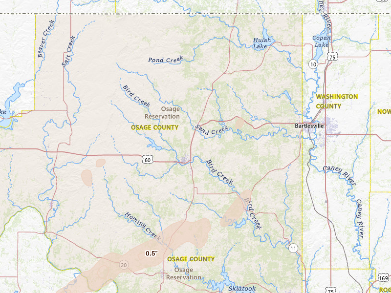 Radar-estimated hail-size map of the storm over Pawhuska, OK on Apr 1, 2026