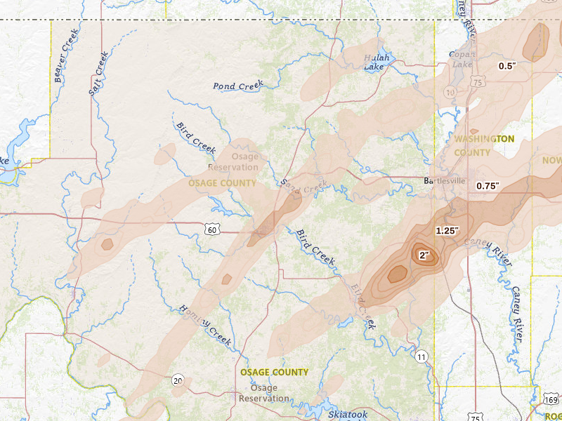 Radar-estimated hail-size map of the storm over Pawhuska, OK