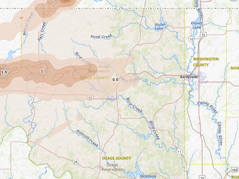 Radar-estimated hail-size map of the storm over Pawhuska, OK on Apr 17, 2026