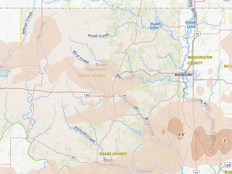 Radar-estimated hail-size map of the storm over Pawhuska, OK on Apr 23, 2026