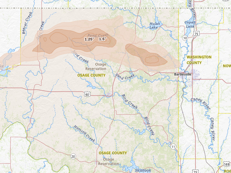 Radar-estimated hail-size map of the storm over Pawhuska, OK on Apr 26, 2026