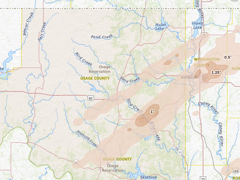 Radar-estimated hail-size map of the storm over Pawhuska, OK on Apr 28, 2026
