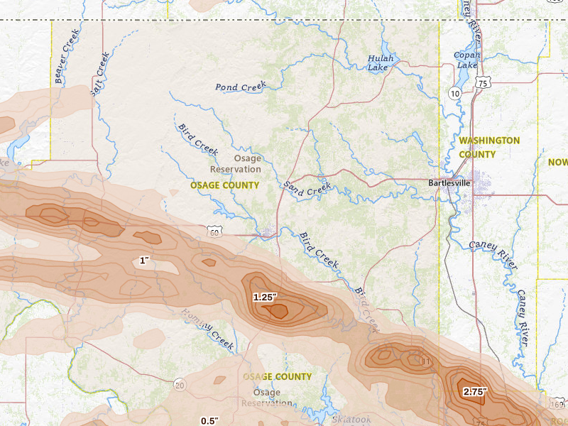 Radar-estimated hail-size map of the storm over Pawhuska, OK on May 8, 2026