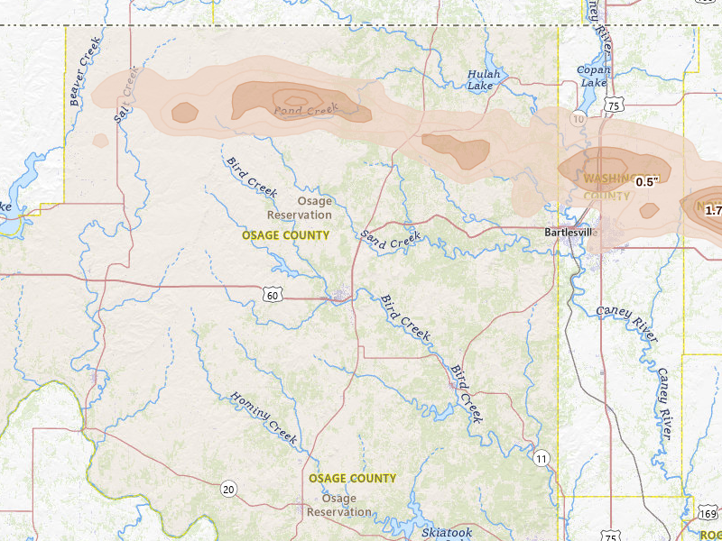 Radar-estimated hail-size map of the storm over Pawhuska, OK on May 29, 2026