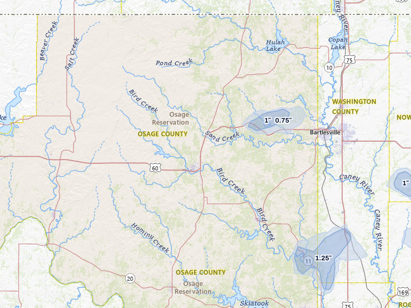 NEXRAD radar-signature map of the hail storm over Pawhuska, OK on Jun 1, 2026