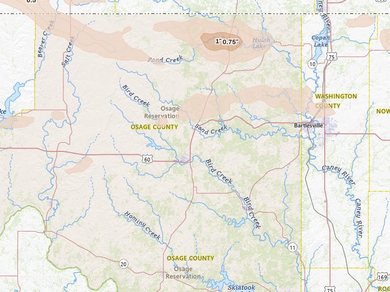 Radar-estimated hail-size map of the storm over Pawhuska, OK on Jun 18, 2026