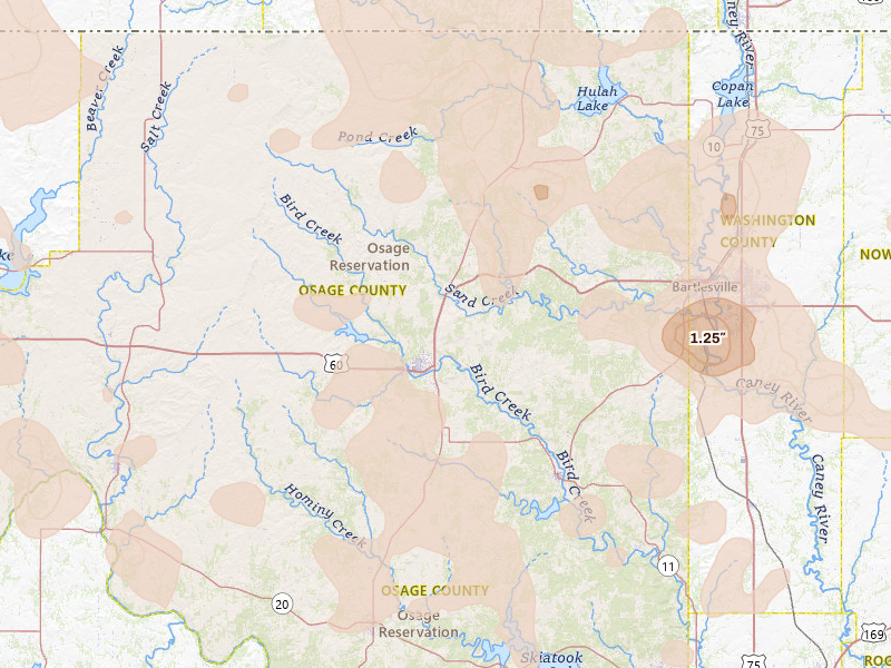 Radar-estimated hail-size map of the storm over Pawhuska, OK on Jul 4, 2026