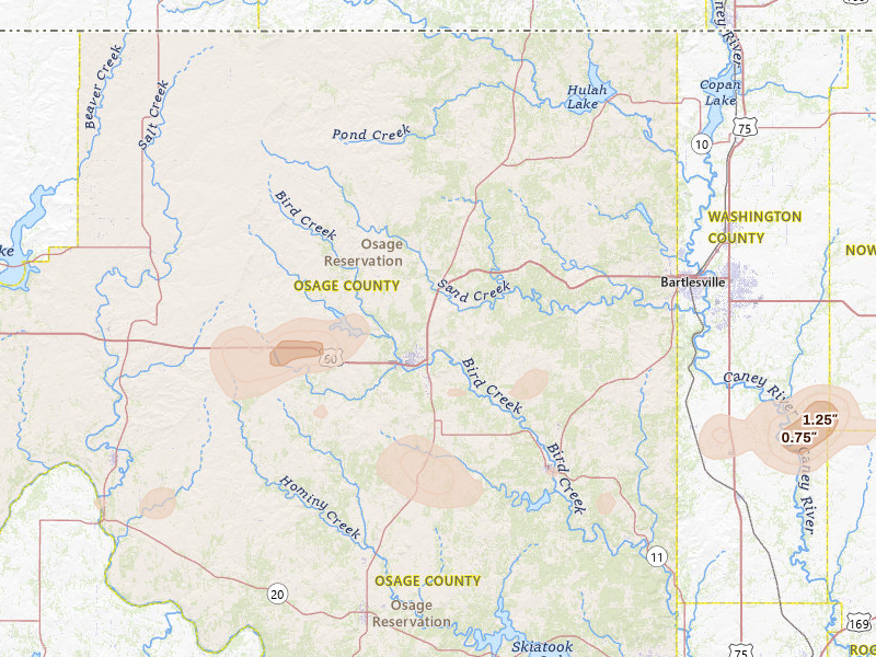 Radar-estimated hail-size map of the storm over Pawhuska, OK on Jul 11, 2026