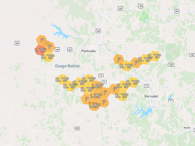 Hail map of Pawhuska, OK on Jul 12, 2026, hail up to 1.75"