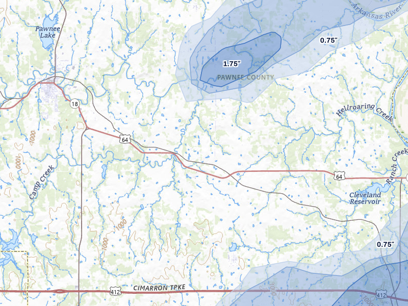 NEXRAD radar-signature map of the hail storm over Pawnee, OK on Apr 1, 2026