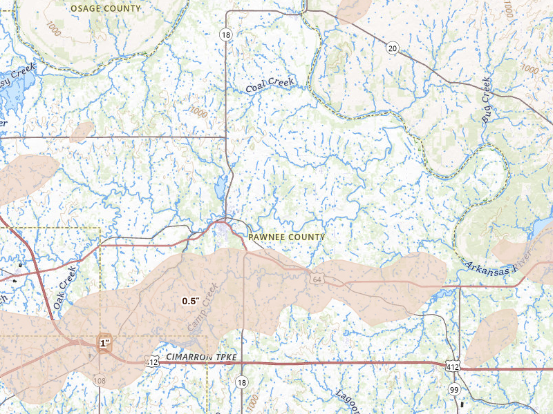 Radar-estimated hail-size map of the storm over Pawnee, OK on Apr 17, 2026